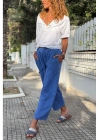 Kadın Mavi Keten Cepli Yıkamalı Bohem Pinterest Salaş Bol Paça Pantolon Yüksek Bel