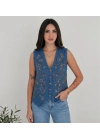 Kadın Mavi Taş İşlemeli Jean Yelek Pamuklu V Yaka Denim Payetli Sıfır Kol