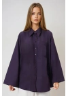 Kadın Mor Uzun Kollu Tek Cepli Geniş Manşetli Oversize Keten Karışımlı Tunik Gömlek