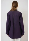 Kadın Mor Uzun Kollu Tek Cepli Geniş Manşetli Oversize Keten Karışımlı Tunik Gömlek
