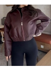 Kadın Mürdüm Gömlek Yaka Fermuarlı Cepli Kol Düğmeli Oversize Bomber Vegan Deri Ceket Mont