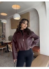 Kadın Mürdüm Gömlek Yaka Fermuarlı Cepli Kol Düğmeli Oversize Bomber Vegan Deri Ceket Mont