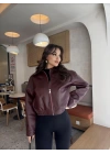 Kadın Mürdüm Gömlek Yaka Fermuarlı Cepli Kol Düğmeli Oversize Bomber Vegan Deri Ceket Mont