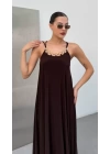 Kadın Omuz Askılı Kuş Gözü Zincir Detay Sandy Kumaş Maxi Boy Elbise