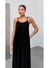 Kadın Omuz Askılı Kuş Gözü Zincir Detay Sandy Kumaş Maxi Boy Elbise