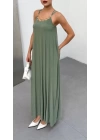Kadın Omuz Askılı Kuş Gözü Zincir Detay Sandy Kumaş Maxi Boy Elbise