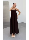 Kadın Omuz Askılı Kuş Gözü Zincir Detay Sandy Kumaş Maxi Boy Elbise