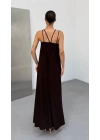 Kadın Omuz Askılı Kuş Gözü Zincir Detay Sandy Kumaş Maxi Boy Elbise