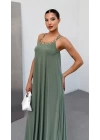 Kadın Omuz Askılı Kuş Gözü Zincir Detay Sandy Kumaş Maxi Boy Elbise