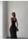 Kadın Omuz çoklu Askılı önü Taş Işlemeli Balık Kesim Janjan Krep Maxi Boy Elbise