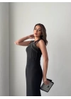 Kadın Omuz çoklu Askılı önü Taş Işlemeli Balık Kesim Janjan Krep Maxi Boy Elbise
