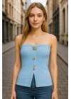 Kadın Önden Düğmeli Straplez Crop Bluz Ottoman Kumaş Yazlık Trend ve Şık