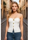 Kadın Önden Düğmeli Straplez Crop Bluz Ottoman Kumaş Yazlık Trend ve Şık