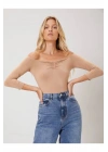 bysoca Kadın Bej Önü Büzgülü Straplez Düşük Omuz Fakir Kol Sandy Kumaş Tanga Bodysuit