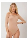 bysoca Kadın Bej Önü Büzgülü Straplez Düşük Omuz Fakir Kol Sandy Kumaş Tanga Bodysuit