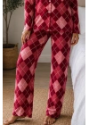 Kadın Kırmızı Baklava Desenli Düğmeli Gömlek Yaka Uzun Kollu Pantolonlu Pijama Takımı