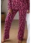 Kadın Lila Kalp Leopar Desenli Düğmeli Uzun Kollu Gömlek Yaka Pantolonlu Pijama Takımı