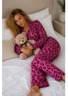 Kadın Lila Kalp Leopar Desenli Düğmeli Uzun Kollu Gömlek Yaka Pantolonlu Pijama Takımı