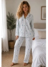 Kadın Örme Gömlek Yaka Mavi Pijama Takımı