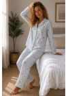 Kadın Örme Gömlek Yaka Mavi Pijama Takımı