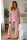 Kadın Pembe Damalı Gömlek Yaka Düğmeli Uzun Kollu Pantolonlu Pamuklu Pijama Takımı