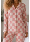 Kadın Pembe Damalı Gömlek Yaka Düğmeli Uzun Kollu Pantolonlu Pamuklu Pijama Takımı