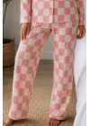 Kadın Pembe Damalı Gömlek Yaka Düğmeli Uzun Kollu Pantolonlu Pamuklu Pijama Takımı