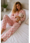 Kadın Pembe Damalı Gömlek Yaka Düğmeli Uzun Kollu Pantolonlu Pamuklu Pijama Takımı