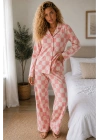 Kadın Pembe Damalı Gömlek Yaka Düğmeli Uzun Kollu Pantolonlu Pamuklu Pijama Takımı