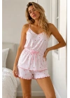 Kadın Pembe Kalp Desenli İp Askılı V Yaka Fırfırlı Beli Bağcıklı Şortlu Pamuklu Pijama Takımı