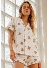 Kadın Kar Beyaz Ayıcık Desenli Müslin Kısa Kollu Düğmeli Fırfırlı Şortlu Pijama Takımı