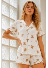 Kadın Kar Beyaz Ayıcık Desenli Müslin Kısa Kollu Düğmeli Fırfırlı Şortlu Pijama Takımı