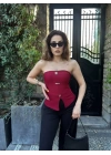 Kadın Ottoman Kumaş Düğme Detaylı Büstiyer Crop