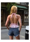 bysoca Kadın Pembe Halter Yaka Sırtı Önü Bağlamalı Derin V Yaka Dekolteli Fırfırlı Keten Crop Bluz