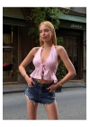 bysoca Kadın Pembe Halter Yaka Sırtı Önü Bağlamalı Derin V Yaka Dekolteli Fırfırlı Keten Crop Bluz