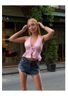 bysoca Kadın Pembe Halter Yaka Sırtı Önü Bağlamalı Derin V Yaka Dekolteli Fırfırlı Keten Crop Bluz