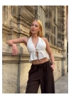 bysoca Kadın Beyaz Halter Yaka Sırtı ve Önü Bağlamalı V Yaka Dekolteli Fırfırlı Keten Crop Bluz