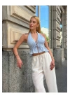 bysoca Kadın Mavi Halter Yaka Sırtı Önü Bağlamalı Derin V Yaka Dekolteli Fırfırlı Keten Crop Bluz