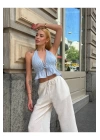 bysoca Kadın Mavi Halter Yaka Sırtı Önü Bağlamalı Derin V Yaka Dekolteli Fırfırlı Keten Crop Bluz