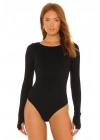 bysoca Kadın Siyah Kayık Yaka Uzun Kollu Parmak Geçmeli Sırtı Dekolteli İpek Jarse Bodysuit