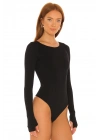 bysoca Kadın Siyah Kayık Yaka Uzun Kollu Parmak Geçmeli Sırtı Dekolteli İpek Jarse Bodysuit