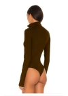 bysoca Kadın Kahverengi Fermuar Detaylı Balıkçı Yaka Uzun Kollu Parmak Geçmeli İpek Jarse Bodysuit