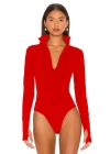 bysoca Kadın Kırmızı Fermuar Detaylı Balıkçı Yaka Uzun Kollu Parmak Geçmeli İpek Jarse Bodysuit