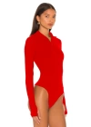 bysoca Kadın Kırmızı Fermuar Detaylı Balıkçı Yaka Uzun Kollu Parmak Geçmeli İpek Jarse Bodysuit