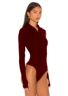 bysoca Kadın Bordo Fermuar Detaylı Balıkçı Yaka Uzun Kollu Parmak Geçmeli İpek Jarse Bodysuit