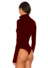 bysoca Kadın Bordo Fermuar Detaylı Balıkçı Yaka Uzun Kollu Parmak Geçmeli İpek Jarse Bodysuit