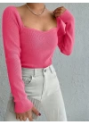 Kadın Pembe Dekolteli Kare Yaka Triko Bluz 2042