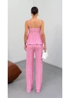 Kadın Pembe  Dokulu Askılı Üst Ve Bol Paça Pantolon 2’li Takım