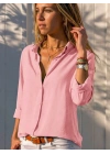 Kadın Pembe Düz Renk Dokuma Uzun Kollu Manşetli Düğmeli Pamuklu Viskon Basic Gömlek
