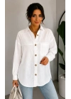 Kadın Beyaz Pamuklu Keten Tek Cepli Ahşap Düğmeli Bohem Oversize Gömlek